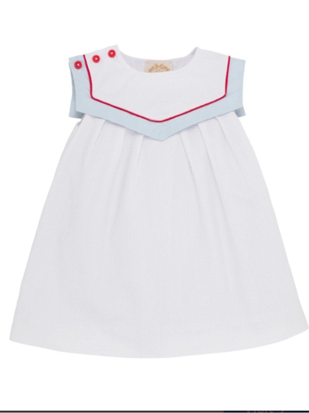 The Beaufort Bonnet White Baby Dress with Light Blue Yoke and Red Trim